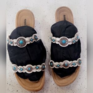 Minnetonka Black and Silver Sandals with Turquoise Accents